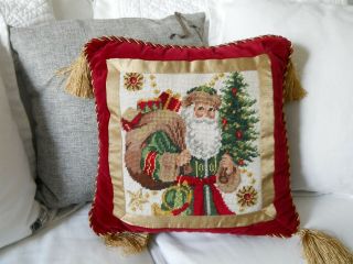 Vintage Santa Needlepoint Pillow With Braid And Tassels 14 " X 14 " Wool