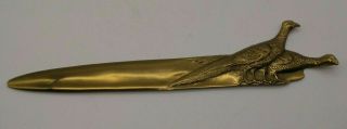 Large Antique Brass Letter Opener With Two Detailed Pheasants Forming The Handle