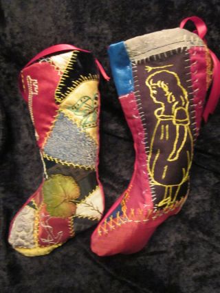 2 Lovely Antique 9 Inch Crazy Quilt Stockings With Exquisite Embroidery