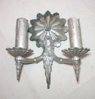 Antique Ornate Silver Painted Bronze 2 Arm Electric Wall Sconce Fixture Brass
