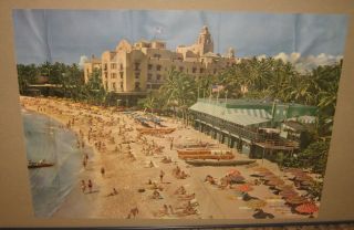 Rare Vintage Lithograph Poster Of Hawaii Beach Waikiki Outriggers Tiki Bar Decor