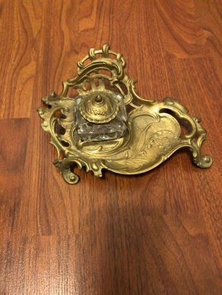 Antique Art Nouveau Brass Inkwell W/ Glass Insert