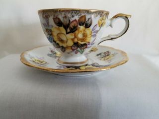 Vintage Tea Cup And Saucer Set Yellow Old Rose Floral Print Gold Trim Unbranded