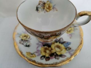 Vintage Tea Cup And Saucer Set Yellow Old Rose Floral Print Gold Trim Unbranded 2
