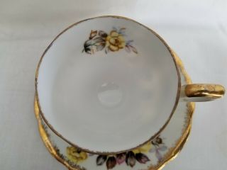 Vintage Tea Cup And Saucer Set Yellow Old Rose Floral Print Gold Trim Unbranded 3