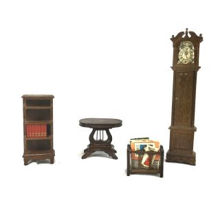 Vintage Dollhouse Furniture Wood Wooden Grandfather Clock Bookshelf Miniature