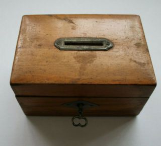 Antique Small Wooden Church (?) Money Box,  With Key.