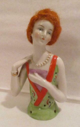 Rare & Unusual Antique Porcelain Pin Cushion Doll With Real Red Hair German 4 "