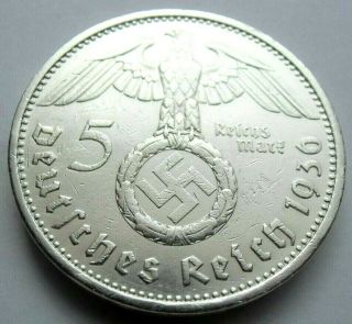 (941) Rare Wwii German 5 Mark - 1936 A - 90 Silver - Coin Big Swastika
