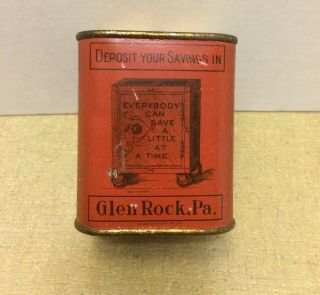 Antique Glen Rock Pa First National Bank Tin Litho Advertising Coin Bank