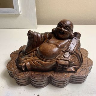 Antique Hand Carved Wood Laughing Buddha Statue Inkwell? Boxwood 7 3/4”