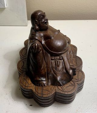 ANTIQUE HAND CARVED WOOD LAUGHING BUDDHA STATUE INKWELL? BOXWOOD 7 3/4” 2