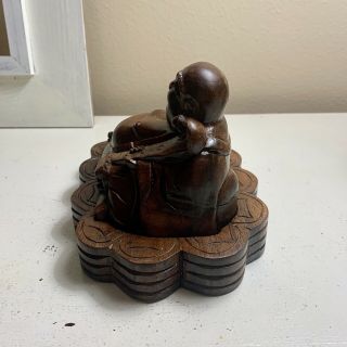 ANTIQUE HAND CARVED WOOD LAUGHING BUDDHA STATUE INKWELL? BOXWOOD 7 3/4” 3