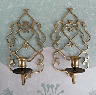 Antique Gold Ornate Candle Holders Wall Sconce Pair Solid Brass