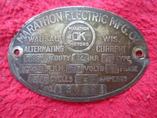 Antique Vintage Marathon Electric Mfg.  Co.  Brass Name Emblem / Tag