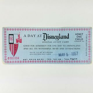 Rare 1957 A Day At Disneyland Special Guest Card Child Admission Park Ticket
