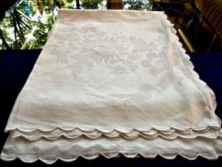 Antique White Irish Linen 68x88 " Scalloped Tablecloth Damask Mums Gothic Mono L