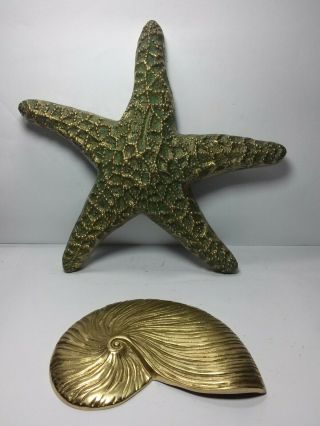 Exceptional Vintage Heavy Brass Starfish Sculpture With Verdigris & A Bonus