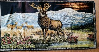 Vintage Antique Stag Deer Wall Table Cover Plush Velvet Tapestry 19.  5×38 "