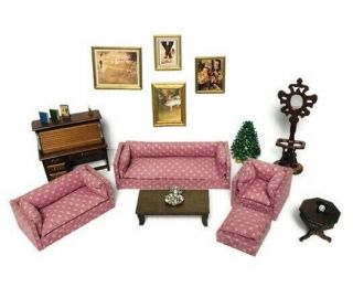 Vtg 1:12 Miniature Dollhouse 22 Pc Set Wooden Rolltop Desk Living Room Set Table