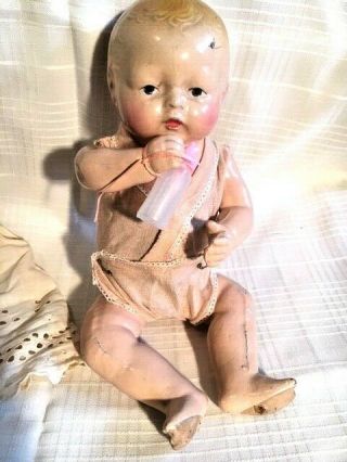 Antique Royal Manu.  12 " Composition And Cloth Baby Doll With Bottle And Clothes