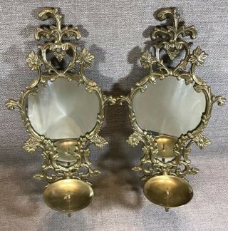 Pair Vintage Ornate Brass Wall Sconce Candle Holder W Mirror