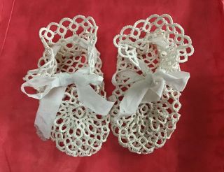 Vintage Antique Baby Booties Slippers Shoes Tatting Tatted Ecru Handmade