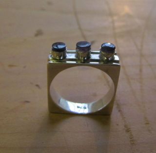 Rare Square Silver & Amethyst Modernist Designer Ring Scandinavian? Size S1/4