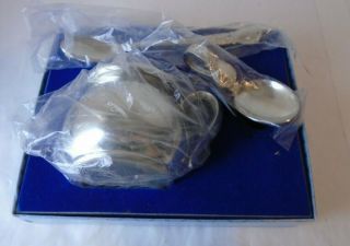 Vintage Web Pewter Child " S Baby Gift Set Cup And Two Spoons In Presentation Box