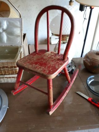 Vtg Childs Rocking Chair Red Wood Wooden Primitive Farmhouse Toy Doll Display