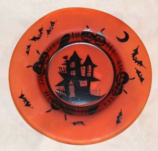 Yankee Candle Haunted House Orange Glass Candle Plate Bats Pumpkin Rare