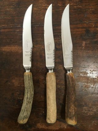 3 Vintage Premier Sheffield England Steak Serrated Knives W/ Stag Horn Handle