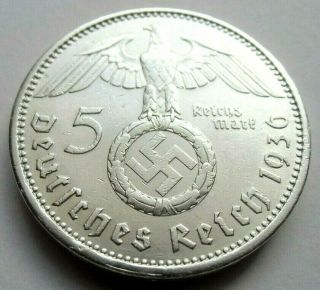 (895) Rare Wwii German 5 Mark - 1936 A - 90 Silver - Coin Big Swastika