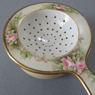 Antique Hp Porcelain Tea Strainer,  Bowl Pink Roses Gilt Trim Limoges Style
