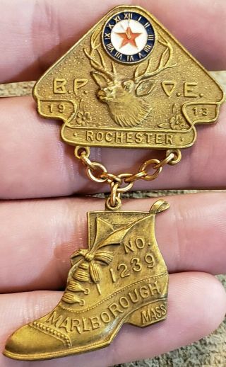 Rare 1913 Rochester Ny Marlborough Mass Bpoe Elks Figural Boot Shoe Medal Badge