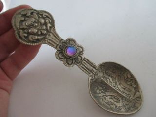 Fine Unusual Antique Hammered Metal Arts And Crafts Caddie Spoon With Weird Mask