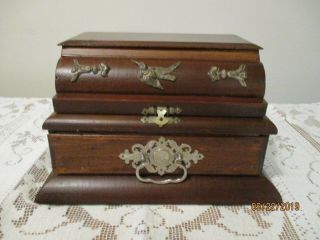 Antique Wood Jewelry Box With A Drawer Hardware