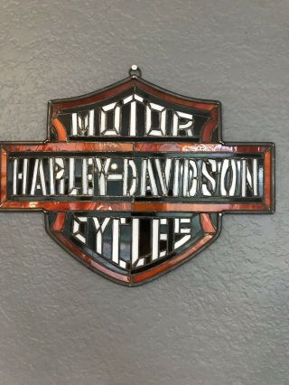 Rare Harley Davidson Motorcycle Stained Glass 12 Inch W X 9 Inch H Sign