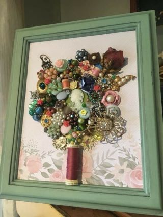 Framed Vintage Jewelry Art 8x10 Bouquet Gift Brooch Spool Buttons Cameo