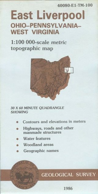 Usgs Topographic Map East Liverpool - Ohio Pennsylvania West Virginia - 1986 100k