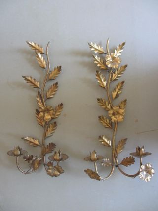 2 Mid Century Italian Tole Metal Candle Holder Wall Sconce Oak Leaves Flowers