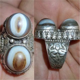 Wonderful Old Rare Luqme Goat Eyes Agate Stone Silver Ring 39