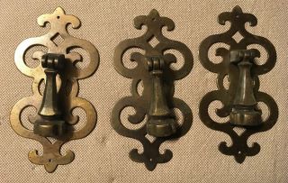 (3) Vintage Brass Finish Drawer Pulls / Knobs With Backplates W/ Screws