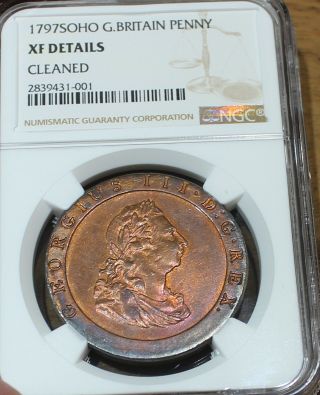 1797 Soho Great Britain Penny Rare Stunning Orange Blue Patina Ngc Xf Details