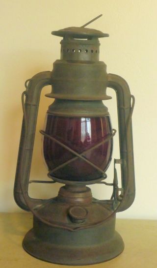 Antique Vintage Dietz Little Wizard Railroad Lantern With Red Globe