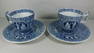 2 Rare Copeland Late Spode England Greek Blue Demitasse Cups & Saucers