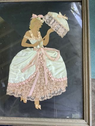 Antique Framed Ribbon Art Paper Doll Picture Girl Ribbon Dress Frame