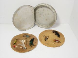 Vintage Wheatley Alloy Circular Cast Fly Fishing Box & Flies