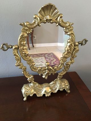 Vintage Ornate Brass Victorian Vanity Mirror With Cherubs Made In Italy