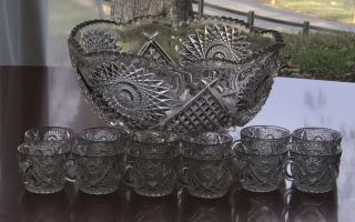 Antique Crystal Punch Bowl & 12 Cups Set Eapg Duncan 40 Pattern Glass Starburst